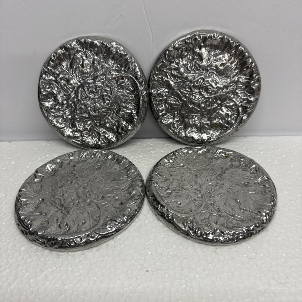 VTG Ashleigh Manor Pewter Floral Coasters set of 4 Felt Back 4" Round